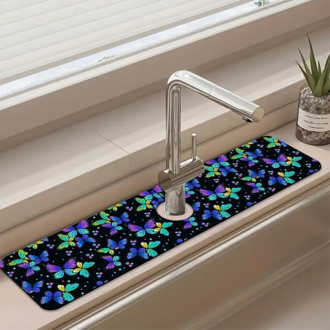 Sink Faucet Absorbing Mat Colourful Butterflies Sink Splash Guard Drying Mat for Kitchen Bathroom Faucet Sinkmat 23.5"X5.5"