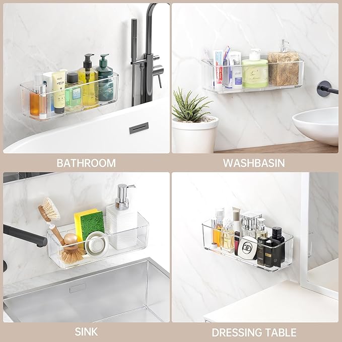 PAVSTINE 2 Pcs Clear Shower Shelf, Large Bathroom Wall Mounted Shower Caddy, No Drill Self Adhesive Bathroom Organizer with Self Adhesive Tape