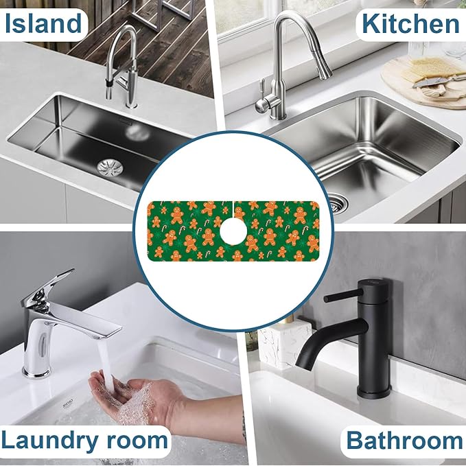 Christmas Gingerbread Man Sink Splash Guard Gingerbread Man Faucet Absorbing Mat Fast Drying Mat Sink Gadgets Splash Guard Behind Faucet Drip Catcher for Kitchen Bathroom, 15.5"x5.5"