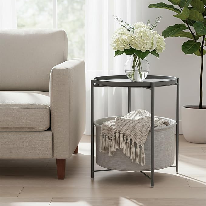 danpinera Round Side Table with Fabric Storage Basket, Metal Side Table Small Bedside Table Nightstand with Removable Tray Top for Living Room, Bedroom, Nursery, Laundry, Gray