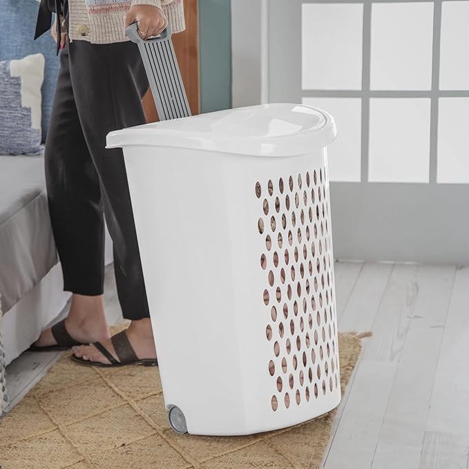 Wheeled Plastic Laundry Hamper with Handle, White - Easy Transport for Laundry, Durable Plastic, Rolling Design, Perfect for Bathroom & Bedroom Storage