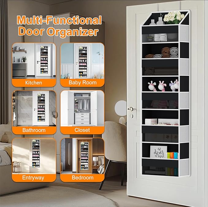 Over Door Organizer - Over The Door Storage Organizer with 5 Large Pockets & 10 Mesh Side Compartments - Heavy-Duty Hanging Storage for Bathroom, Bedroom & Nursery - Room Organizer Solution - Black