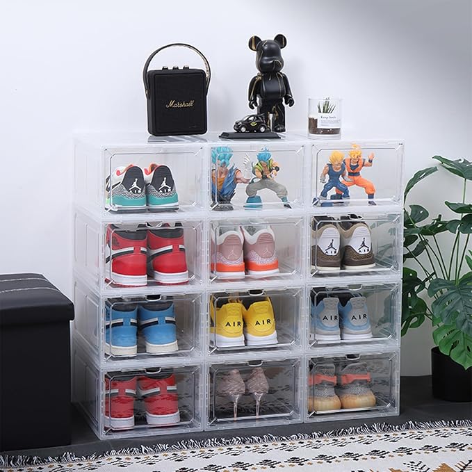Large Shoe Organizer Stackable with Magnetic Door DVD/CD Storage 4pcs, Clear Shoe Boxes for Closet, Foldable Space-saving Shoe Rack