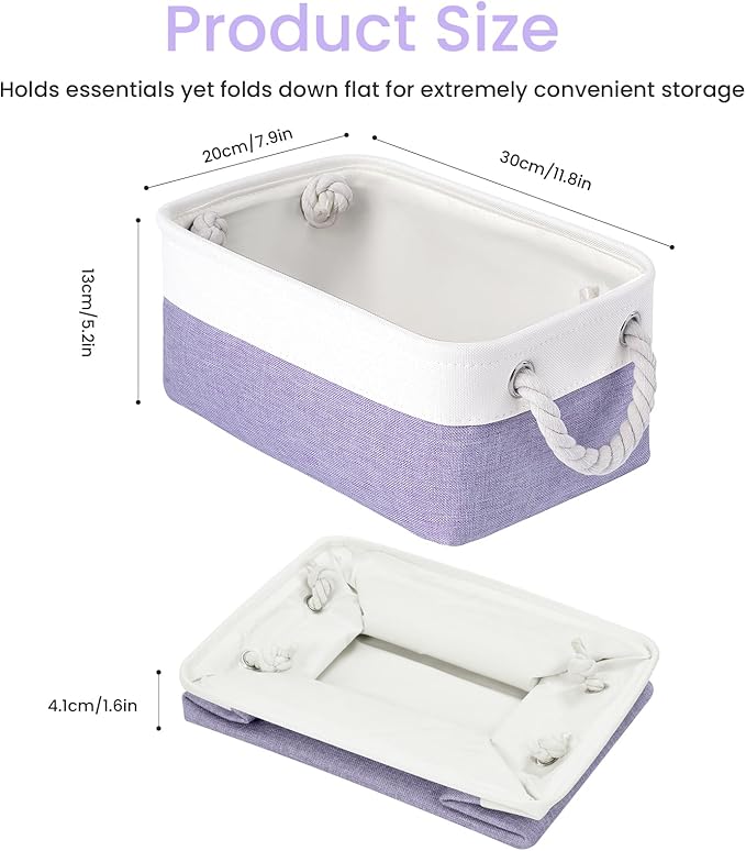 Storage Baskets for Shelves 11.8x7.9x5.2 Inch, Foldable Fabric Storage Bins with Handles, Small Storage Baskets for Organizing Closet, Office, Home Organization (3-Pack, White&Purple)