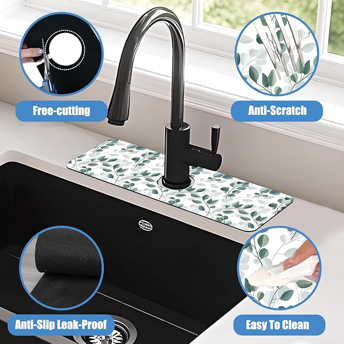 Sink Faucet Absorbing Mat Green Eucalyptus Leaf Sink Splash Guard Drying Mat for Kitchen Bathroom Faucet Sinkmat 15.5"X5.5"