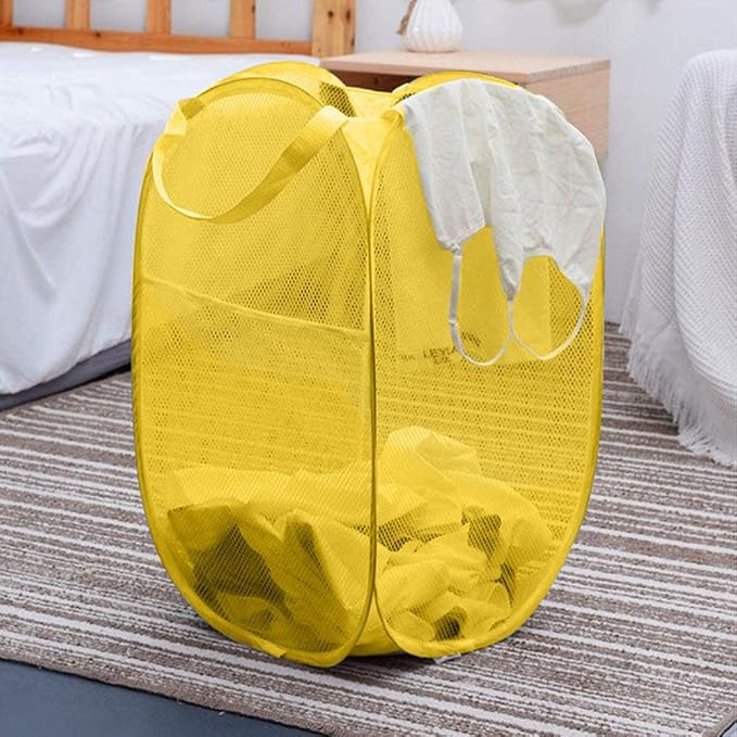Mesh Pop up Laundry Hamper, Foldable Clothes Hamper Laundry Basket for Rooms, Apartment, College Dorm or Travel, Yellow