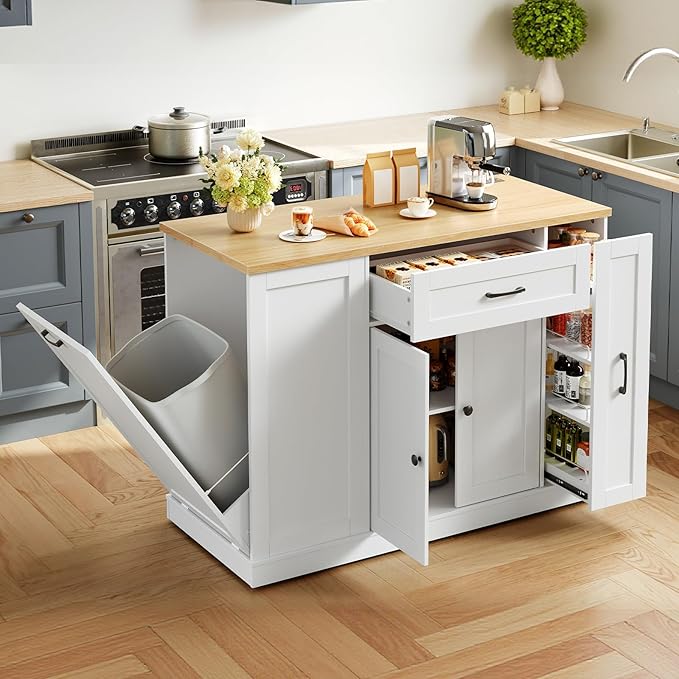 HOOBRO Kitchen Island with Trash Can Storage, Rolling Kitchen Island Cart with & Power Outlet, Island Table with Spice Rack & Drawer, for Kitchen, White and Natural WN20UZD01