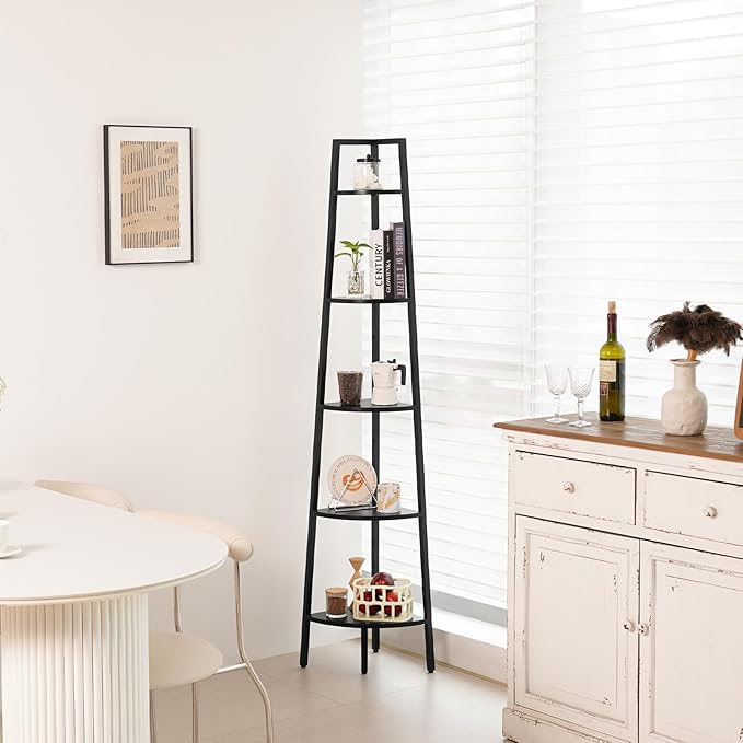 Yoobure Corner Shelf, 5-Tier Corner Bookshelf with Metal Frame & Wood Ladder Shelves - Display Shelf & Tall Bookcase, Plant Stand for Home Decor - Bedroom, Living Room, Office