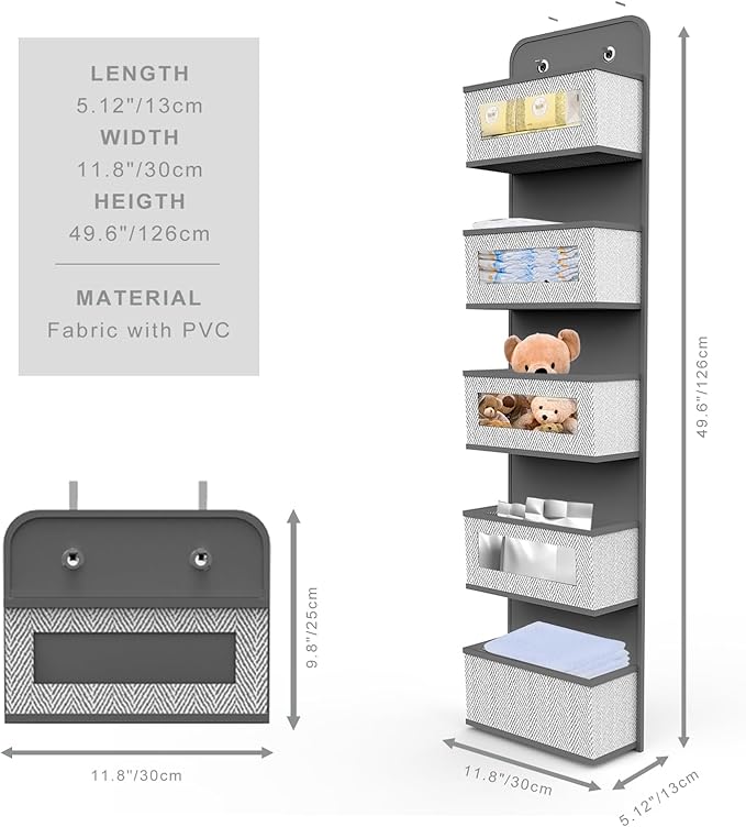 Over The Door Hanging Organizer with 5 Big Pockets, Wall Mount Fabric Back of Door Storage Organizer with Clear Window & Metal Hooks for Pantry Closet Diaper Dorm Nursery Bedroom