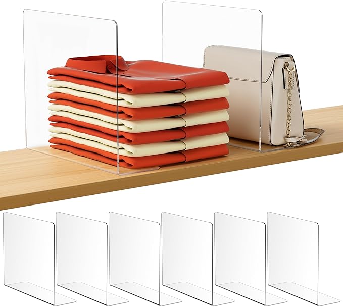 HBlife Acrylic Shelf Dividers for Closet Organization, 6 Pack Clear L-Shaped Closet Dividers for Shelves, Adjustable Purse Organizer for Sweater, Shirts, Handbags in Bedroom, Kitchen and Bookshelf