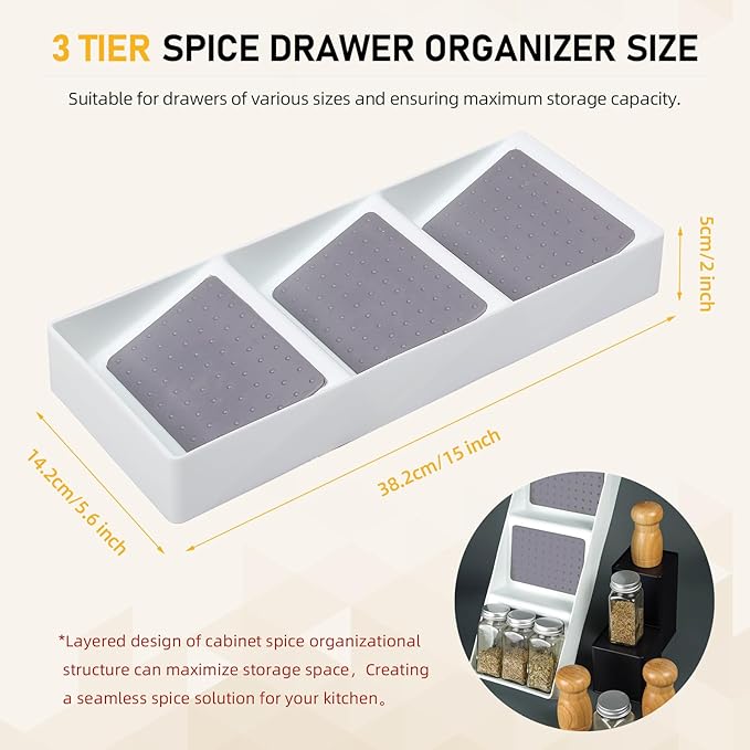 Spice Drawer Organizer, 3 Tier Non-Slip Silicone Seasoning Jars Drawer Insert, Spice Rack Organization for Drawer, Kitchen Spice Rack Tray for Cabinet Countertop Makeup Storage