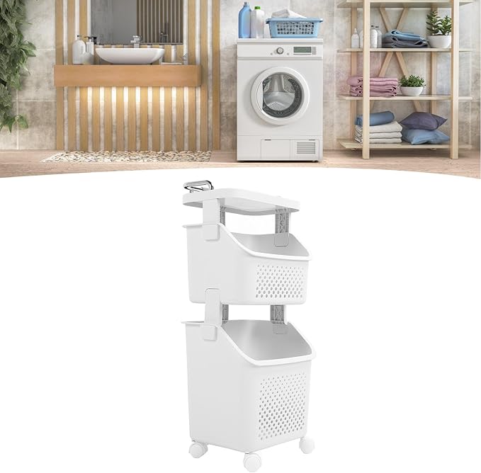 Bathroom Laundry Basket, Stackable Rolling Laundry Hamper, Clothes Storage Basket, 4 Wheels with Wheels, Storage Cart, Household Organizer for Home, Kitchen, Bathroom (2 Tier)