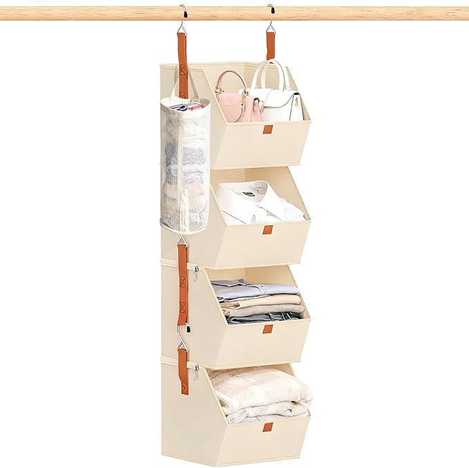 4 Tier Hanging Closet Organizer with Socks Storage Mesh Bag - Space Saving Storage Shelves for Closet, Wardrobe, Fabric Storage Bins for Dorm Rooms, Bedroom (Beige)