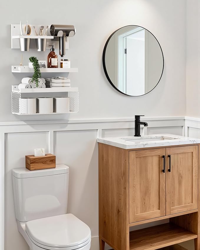 Puricon Floating Bathroom Shelves with Hair Dryer Holder, 3-Tier Rustic Wood Wall Mounted Organizers Set, Space Saving Over-Toilet Storage and Home Decor Hanging Rack -White