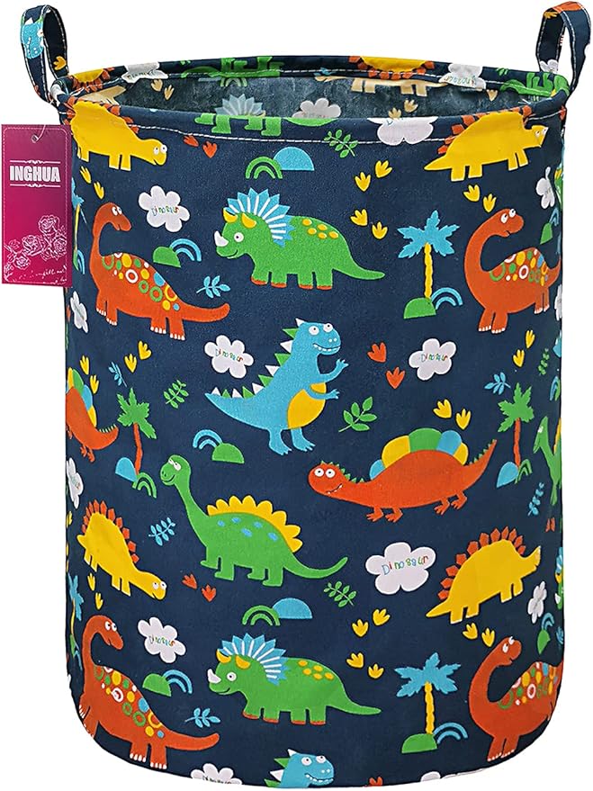 Laundry Hamper Large Canvas Fabric Lightweight Storage Basket/Toy Organizer/Dirty Clothes Collapsible Waterproof for College Dorms, Boys and Girls Bedroom,Bathroom (Forest Dinosaurs)