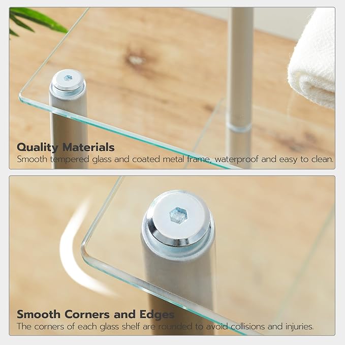 HOOBRO Glass Shelf, 4 Tier Bathroom Standing Shelf Unit, Tempered Glass Shelving Stand for Small Space, Perfume Stand Organizer, Space-Saving, for Bathroom, Bedroom, Steel Frame, Silver SV04CJ01