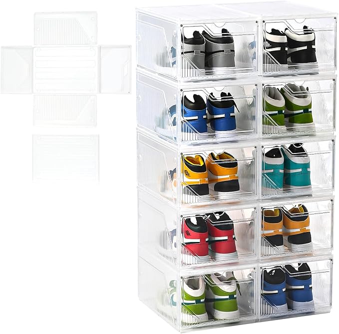Large Shoe Boxes Clear Plastic Stackable，Drop Front Shoe Box with Clear Door, Shoe Containers For Sneaker Display,Fit up to US Size12 (white clear-Conjoined structure, 10 pack)