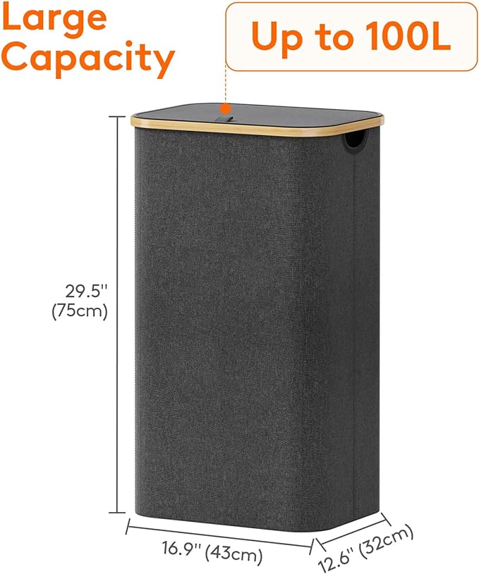 Lifewit 100L Laundry Basket with Lid, Clothes Hampers for Laundry with Bamboo Handles and 1 Removable Bag, Large Foldable Laundry Hamper for Bedroom, Bathroom, Dorm, Laundry Room, Dark Gray