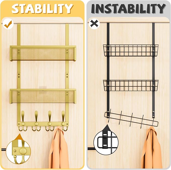 Kaiferty Over The Door Hooks Organizer,Coat Rack with 12 Hooks and 2 Mesh Baskets,Back of Door Storage Organizer for Bathroom,Bedroom,Kitchen,Office (Gold)