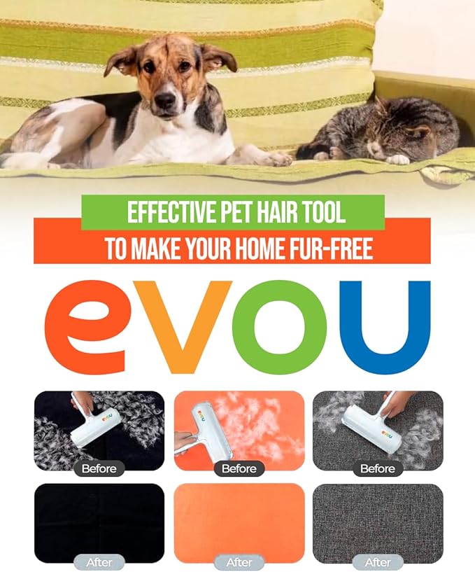 Evou Pet Hair Remover (Cat and Dog), Reusable Lint Roller for Furniture, Couch, Carpet, Car, Clothing and Bedding, Portable, Multi-Surface Fur Removal Tool (White)