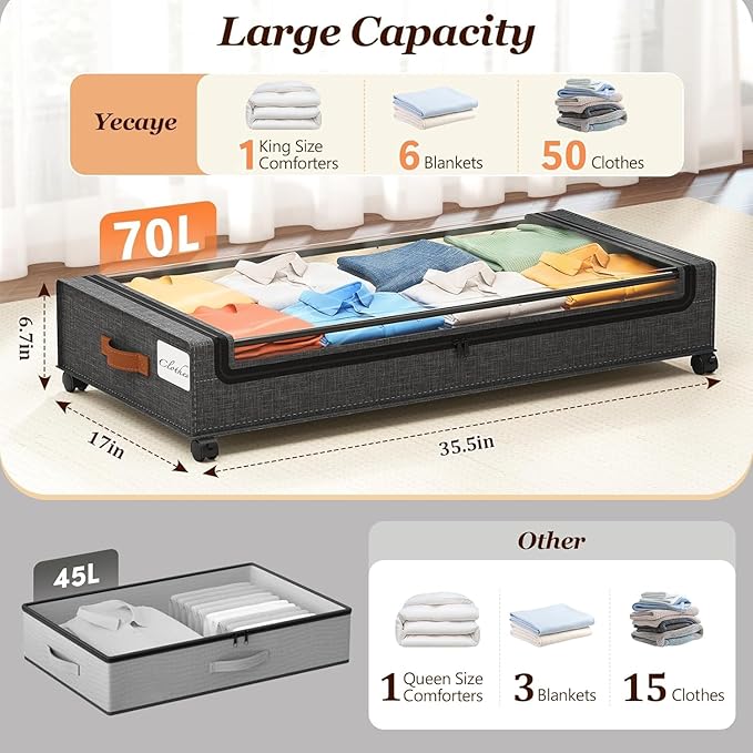 Yecaye 70L Under Bed Storage with Wheels, 3 Pack Larger Capacity Under Bed Storage Containers, Underbed Shoe Storage Organizer, Rolling Under Bed Metal Drawers for Clothes, Blankets, Hemp Grey