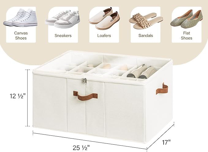 StorageWorks Shoe Organizer for Closet, Fits up to 24 Pairs, Shoe Cubby Storage Containers with Adjustable Dividers and Clear Cover, Beige