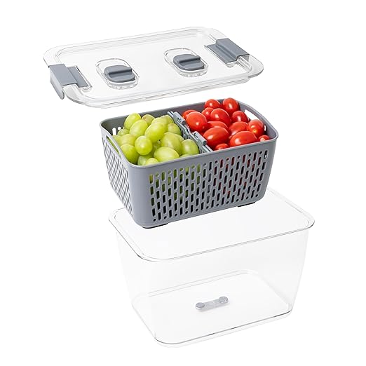 Kitchen Spaces Stackable Fridge Storage Colander Containers for Fresh Produce, Variety Pack, 3 Sizes to Organize Washed Fruits and Veggies, Snap and Seal Lids with Adjustable Vents, Hand Wash Only