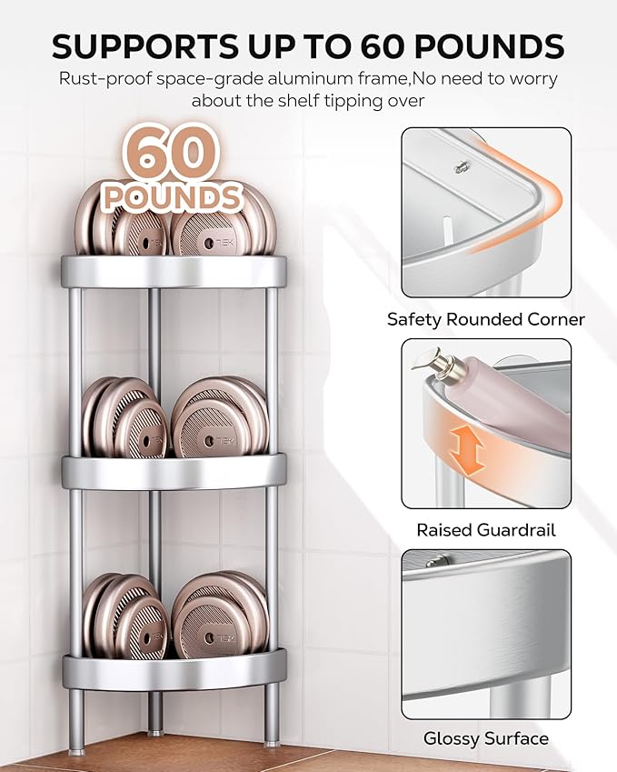 Nieifi Corner Shower Caddy Stand-4 Tier Rustproof Anodized Aluminum Standing Shower Organizer-Shower Caddy Corner-Dual Stability to Anti-Shaking-Height-Adjustable Legs for Uneven Surfaces-Silver