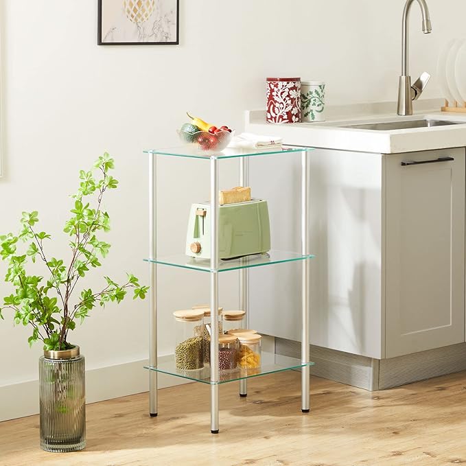 HOOBRO Glass Shelf, 3 Tier Bathroom Standing Shelf Unit, Tempered Glass Shelving Stand for Small Space, Perfume Stand Organizer, Space-Saving, for Bathroom, Bedroom, Steel Frame, Silver SV03CJ01