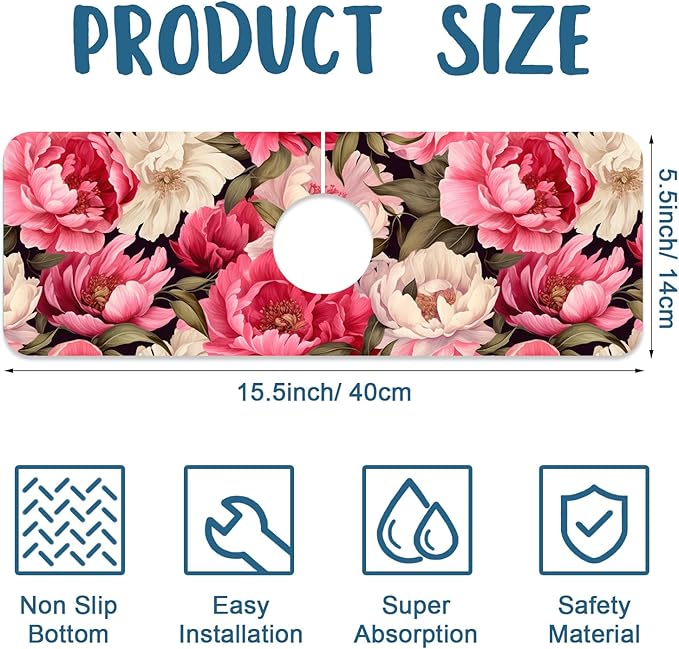 Garden Flowers Sink Splash Guard Faucet Mat Watercolor Peonies Super Absorbent Fast Drying Mat Sink Gadgets-Splash Guard Behind Faucet Drip Catcher for Kitchen Bathroom, 15.5"x5.5"