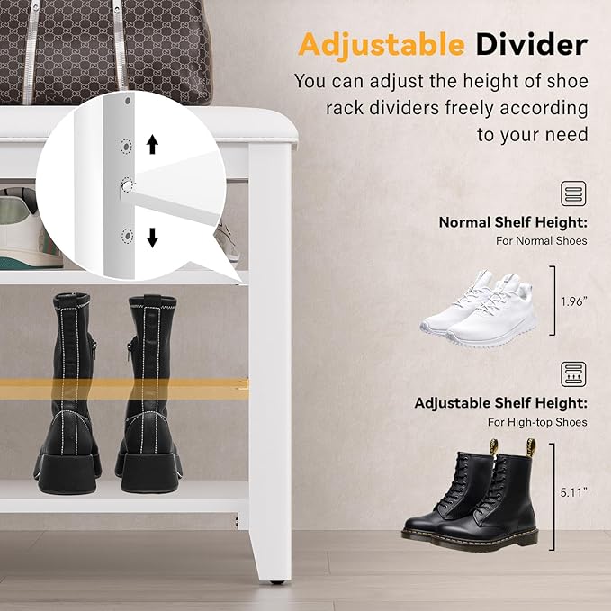 Taitiy Shoe Bench Storage Rubberwood with Leather Cushion for Entryway Bench Ideal for Hallways Shoe Rack Front Doors Entrances Mudrooms Featuring 3 Height-Adjustable and Removable Shelves
