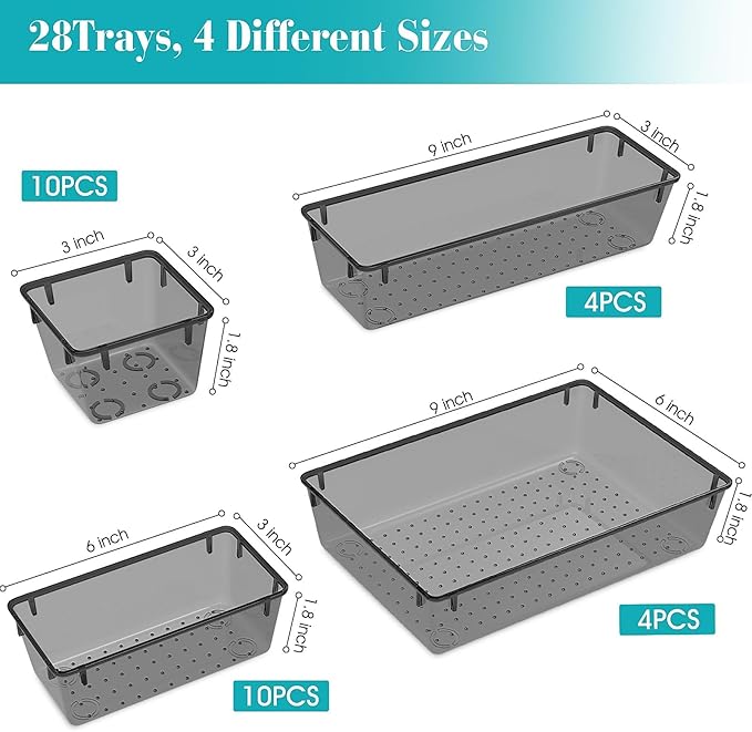 28 PCS Clear Plastic Drawer Organizers Set, 4 Size Desk Drawer Organizer Trays for Makeup, Jewelry, Kitchen Utensils, Gadgets and Office Accessories, Black