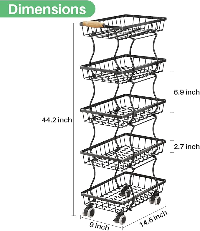 SAYZH Fruit Basket Kitchen Pantry Organizers and Storage - 5 Tier Stackable Metal Wire Basket Stand for Fruit Vegetable Snacks Jars Bins Containers Organization, Black