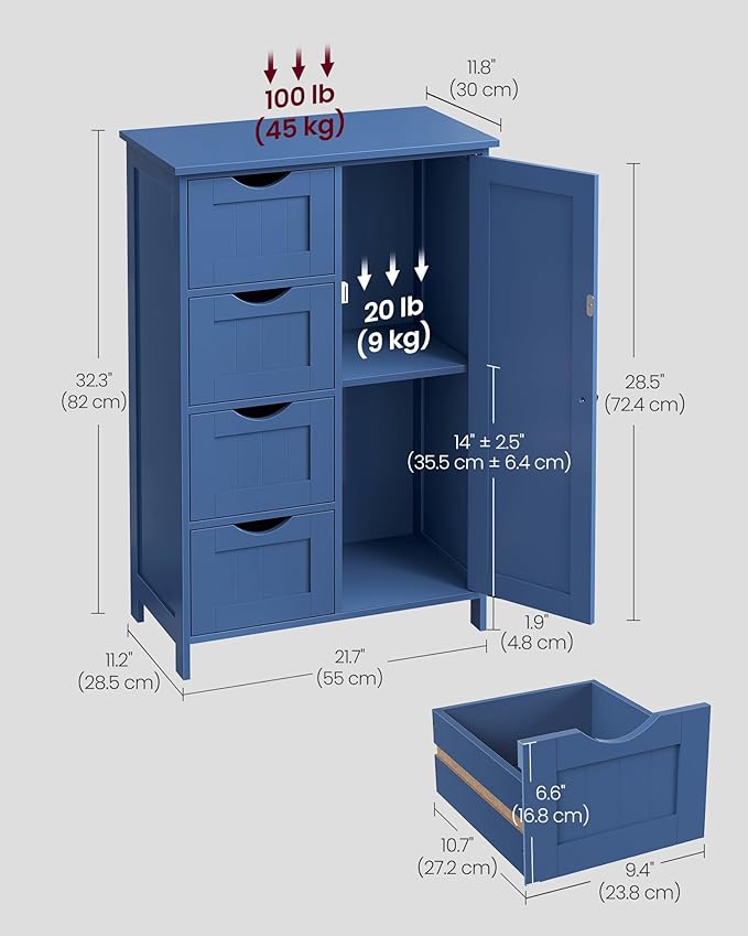 VASAGLE Storage Cabinet with Drawers, Freestanding Floor Cabinet with Door, 11.8 x 21.7 x 32.3 Inches, Adjustable Shelf, for Bathroom, Living Room, Kitchen, Bijou Blue ULHC041QE01S