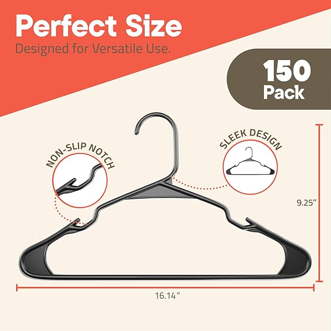 Gray Plastic Hangers 150 Pack– Heavy-Duty Plastic Hangers Slim and Space-Saving, Durable and Lightweight PP with Non-Slip Shoulder Notches for Slip Dresses, Suits, Jackets & Camisoles