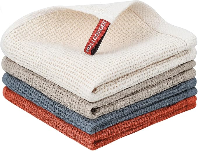 Nialnant 100% Cotton Dish Cloths for Washing Dishes, 4 Pack Waffle Weave Dish Towels,Super Soft Absorbent Cleaning Rags-Multi Color,12x12 Inch