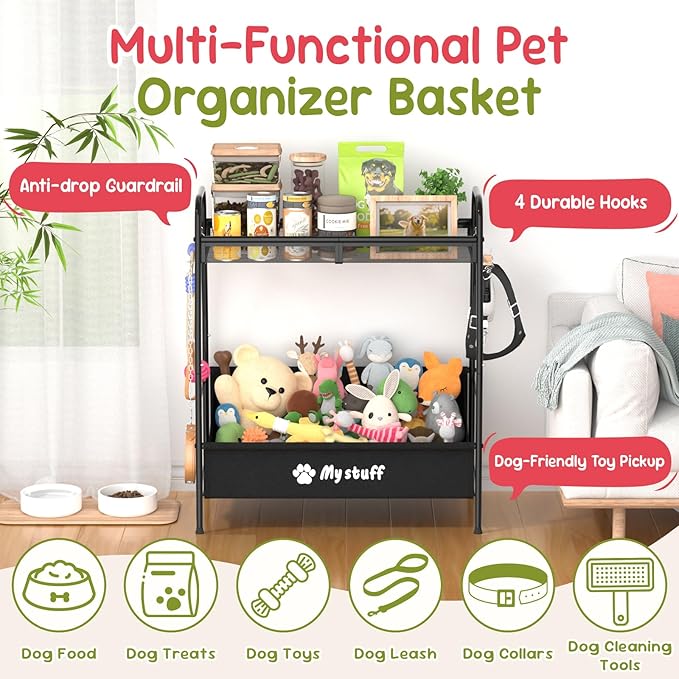 Large Dog Toy basket, Toy Box for Dogs, Pet Toys Bin Dog Metal Wire Basket for Toys, Food Storage, Storage Organizer Chest Storage, Toy Box for Living Room Area (Black)