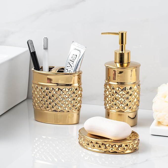 3-Piece Gold Ceramic Bathroom Accessories Set - Luxurious Soap Dispenser, Toothbrush Holder & Soap Dish with Modern Geo Embossed Design for Bathroom Accessory Set
