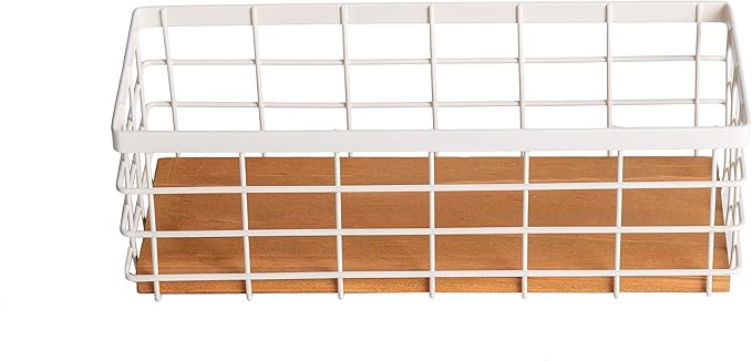 TIEYIPIN Small Metal Wire Storage Basket, Detachable Wood Base Storage Organizer Bin Basket for Kitchen Cabinets, Bathroom, Pantry, Garage, Laundry Room - Cream White