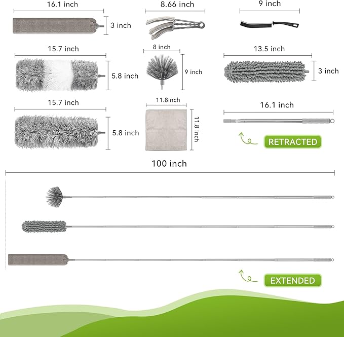 Professional 14-in-1 Cleaning System with 100-inch Pole, 4 Duster Heads, Flat & Cobweb Tools for Ceiling to Floor