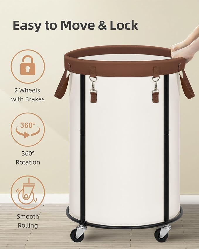 STORAGE MANIAC Rolling Laundry Hamper with Wheels 110L Laundry Basket, Round Laundry Cart with Metal Frame and Removable Bag, Clothes Hamper for Bedroom, Bathroom, Dorm Room, Laundry Room, Beige