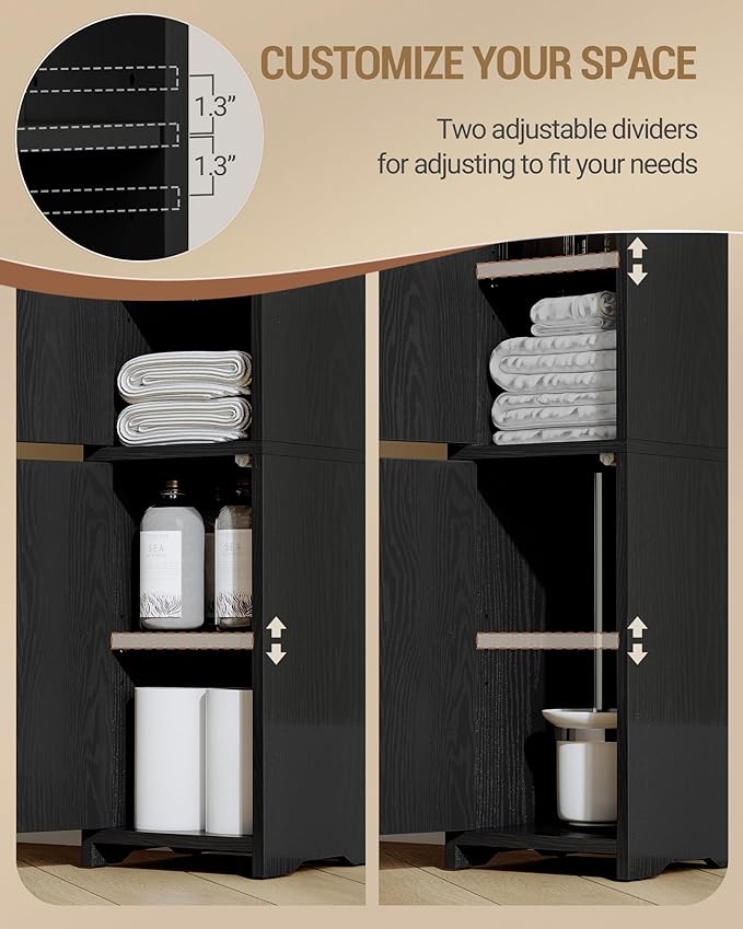 Bathroom Storage Cabinet, Small Corner Floor Cabinet with 2 Doors and Adjustable Shelf, Narrow Toilet Paper Cabinets, Bathroom Organizer for Small Spaces, 7.9" D x 7.9" W x 29.5" H Black