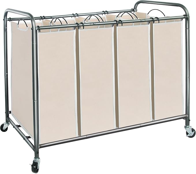 STORAGE MANIAC Laundry Sorter 4 Section, 47.8 Gal (181 L) Laundry Hamper with Wheels, Clothes Divider Basket Sorter, Clothes Separator Hamper Cart with Wheels and Removable Bags, Beige