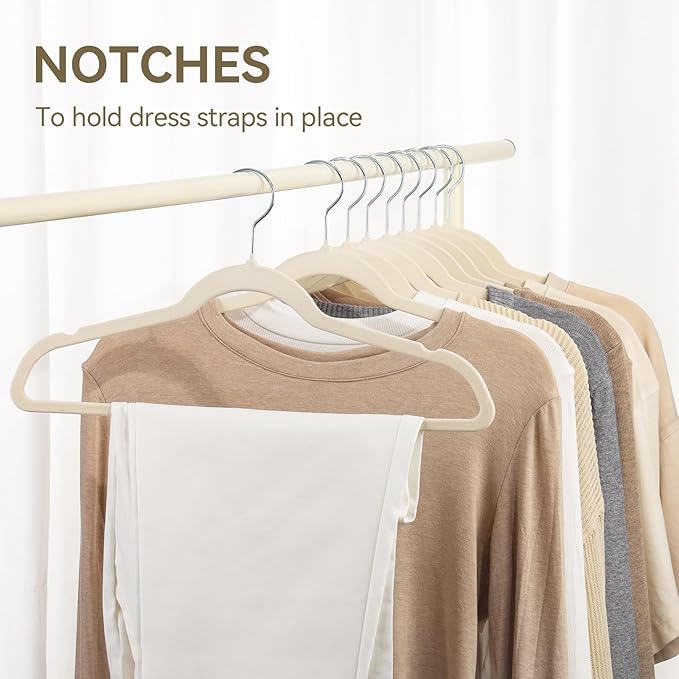 Premium Velvet Hangers 30 Pack, Non-Slip Suit Clothes Hangers, 360 Degree Swivel Hooks and Slim Profile to Maximize Closet Space Beige/Silver