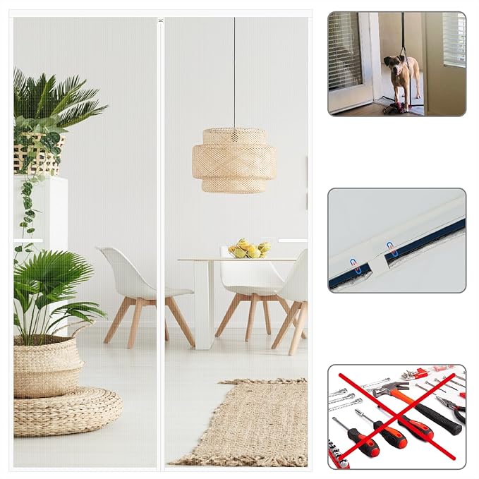 White Screen Door Mesh Magnetic Closure Heavy Duty 48 x 96 inch, Self Closing Fiberglass Mosquito Net with Magnet for Doors, Bug Fly Screens Curtain for Doorway, Keep Bugs Out, Pet Friendly