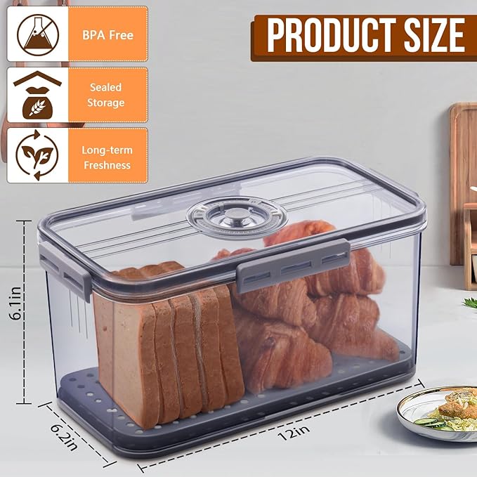 Bread Box Bread Boxes for Kitchen Counter Airtight, Time Recording Bread Storage Container with Lid, Bread Keeper for Homemade Bread, Toast, Bagel, Donut and Cookies, Grey