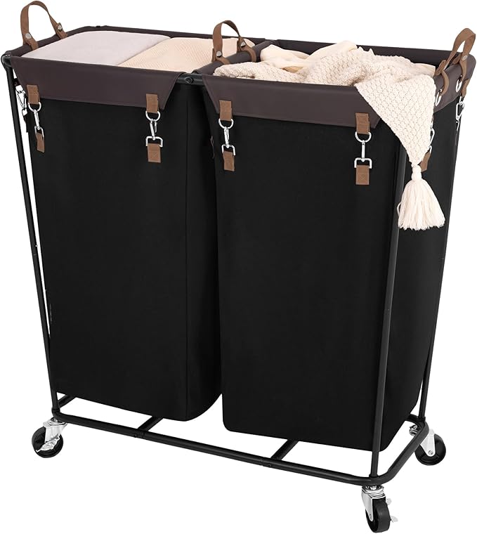 StorageWorks 390L Extra Large Laundry Hamper with Wheels, Laundry Basket with Wheels 2 Sections, Clothes Sorter Cart with Divider for Hotel, Home, Black, 1-Pack