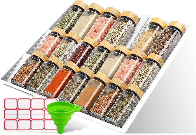2-Pack Expandable Spice Drawer Organizer (11"-22"), 3-Tier Angled Seasoning Rack for Kitchen, Sturdy Vented Insert with Labels & Funnel, Fits Standard & Biger Spice Jars (Jars Not Included) WH