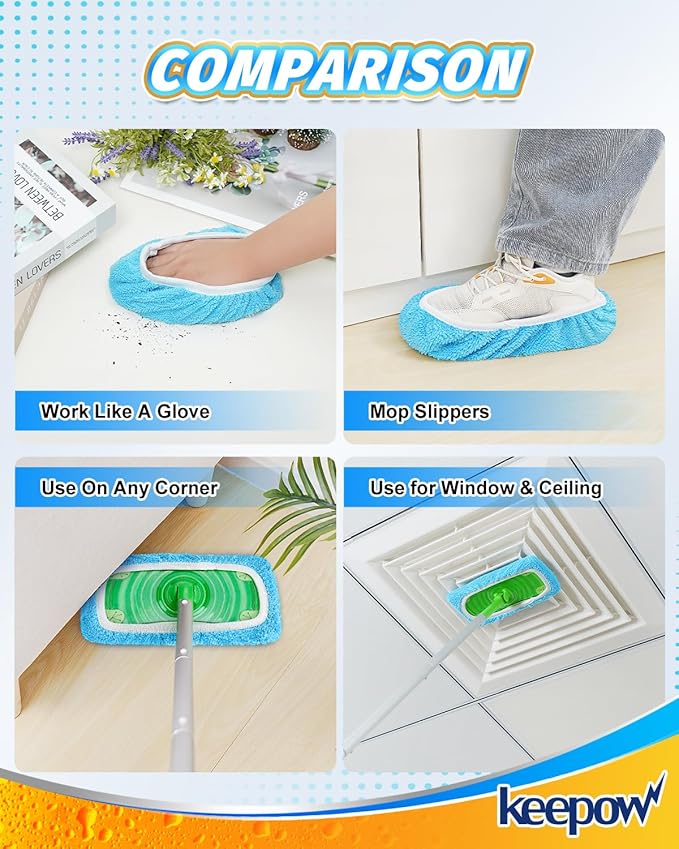 KEEPOW Reusable Dry Sweeping Cloths Microfiber Wet Pads Refill Compatible with Swiffer Sweeper Mop, Machine Washable Sweeping Mop Pads for Use on All Floors - Stone, Hardwood, Laminate & Tile (6 Blue)
