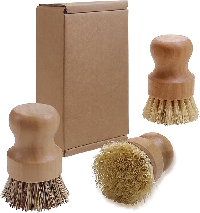Wooden Dish Scrub Brush - Natural Fiber Kitchen Dish Scrubber Set, for Cleaning Pots, Sink, Tableware and Vegetables - 3 Pack
